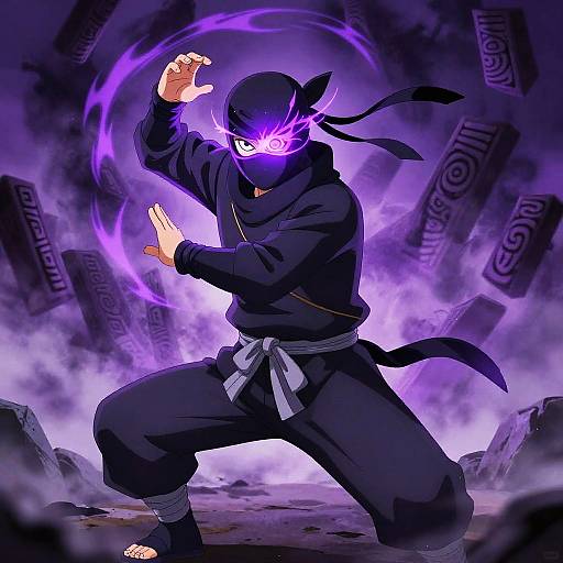 Digital anime artwork of a ninja with glowing purple eye, black mask, and outfit, wielding purple energy, surrounded by mystical symbols.