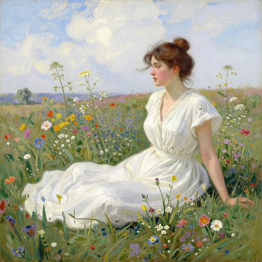 A serene painting of a fair-skinned woman with brown hair in a bun, wearing a white dress, seated in a vibrant flower field under a bright