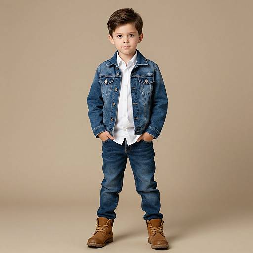 Photograph of a young boy with short brown hair, wearing a denim jacket, white shirt, blue jeans, and brown boots, standing with hands in