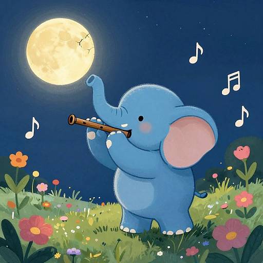 Cute cartoon blue elephant playing a flute under a full moon, surrounded by colorful flowers in a starry night sky.