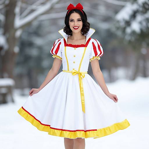 Photograph of a smiling woman in a white, red, and yellow Snow White-style dress, standing in a snowy forest, with blurred trees in the