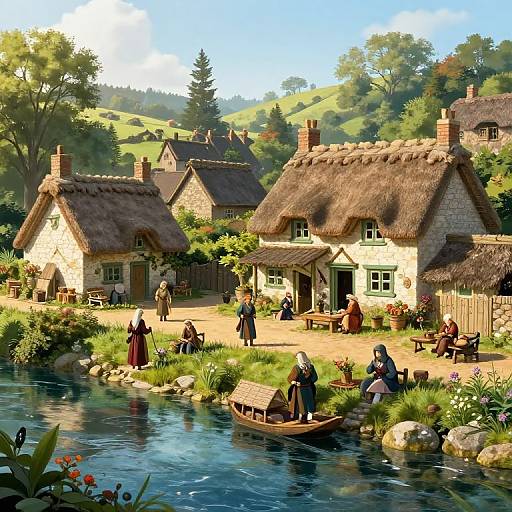 Whimsical digital painting of a sunny village with thatched cottages, people in medieval clothing, a boat on a serene stream, and lush green