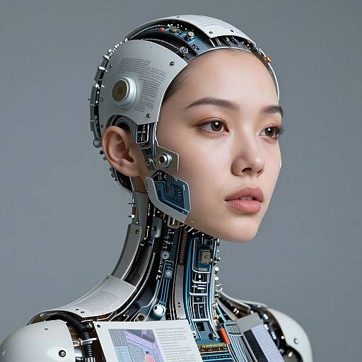 Photorealistic CGI of an Asian woman with a cybernetic head and neck, featuring metallic components, wires, and circuitry, against a gray
