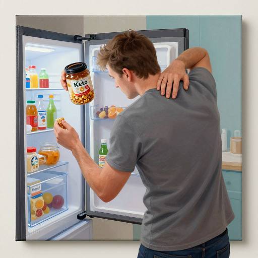 Photograph of a muscular, brown-haired man in a gray t-shirt, leaning into an open refrigerator, reaching for a jar of jam. Bright kitchen