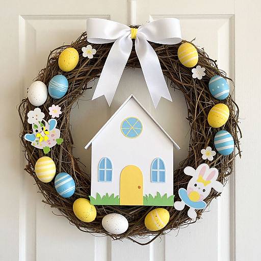 Easter wreath with yellow and blue eggs, white bow, small house, bunny, flowers, and a white door background.
