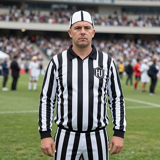 Photograph of a stern-looking male referee in black-and-white striped uniform and white cap, standing on a crowded football field.