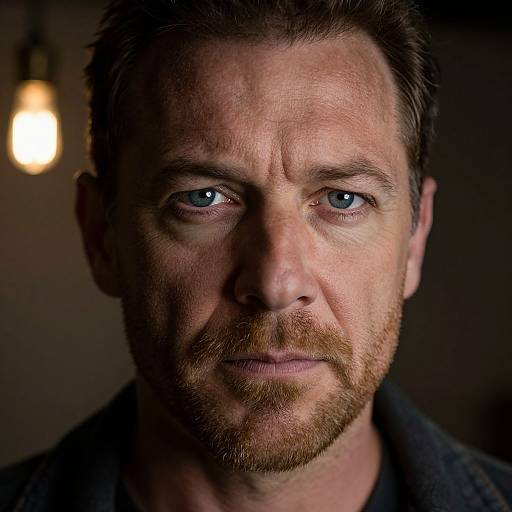 Close-up photograph of a rugged, bearded man with blue eyes, short brown hair, and a serious expression, illuminated by a single warm light bulb