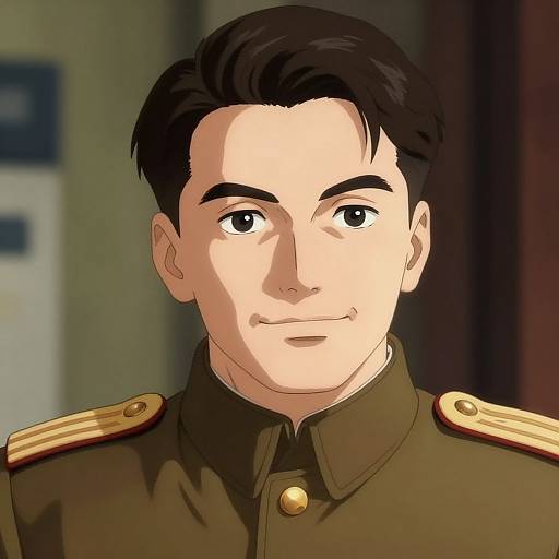 Digital anime-style portrait of a fair-skinned, dark-haired man with black eyes, wearing a green military uniform with gold epaulettes. Background
