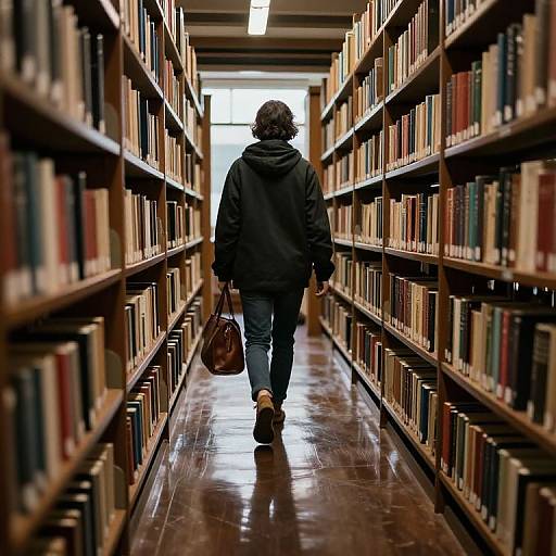 Photograph of a person with curly hair, wearing a black hoodie and blue jeans, carrying a brown bag, walking down a dimly lit library aisle