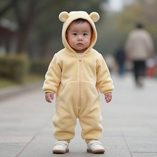 Photograph of a baby with light skin wearing a yellow bear-themed onesie and white shoes, standing on a blurry park path.