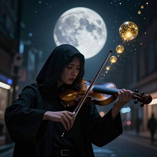 Cyberpunk Violinist Under Luminous Moon