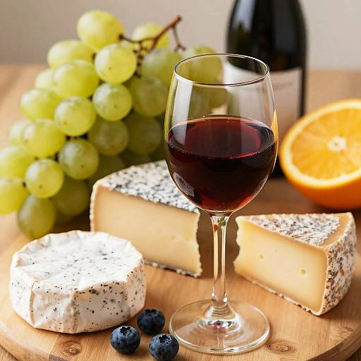Photograph of a wooden table with a glass of red wine, cheese slices, white rind cheese, grapes, blueberries, and an orange.