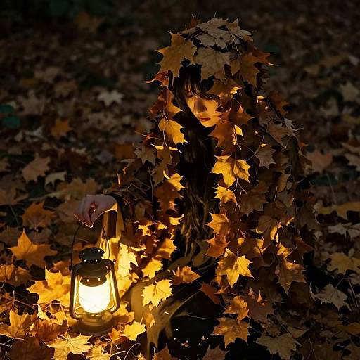 Photograph of a glowing lantern surrounded by autumn leaves, casting warm, yellow light among dark, fallen leaves at night.