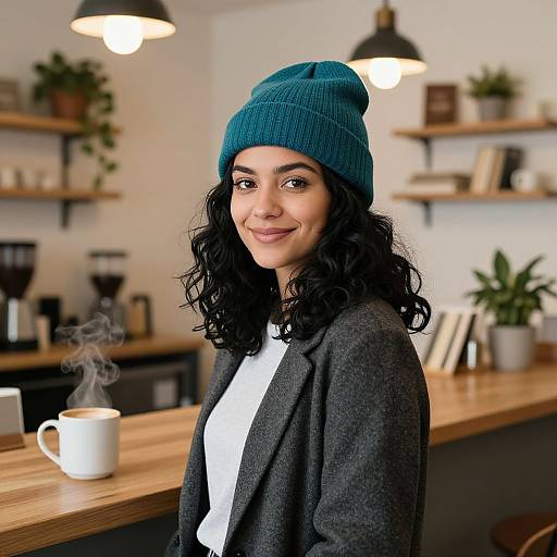 Photograph of a smiling Middle Eastern woman with curly black hair, wearing a teal beanie, gray blazer, and white top, standing in a