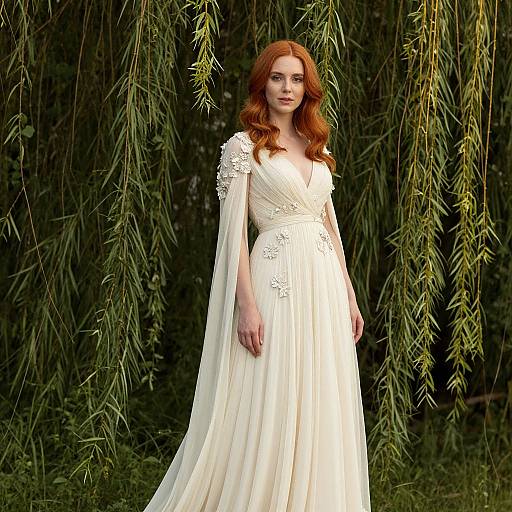 Photograph of a red-haired woman with fair skin in an elegant, white, lace-trimmed gown, standing amidst lush, green, hanging will