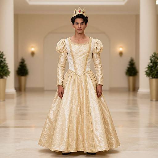 Photograph of a male model in a golden, puffed-sleeve Renaissance-style gown, wearing a gold crown, walking down a bright, elegant