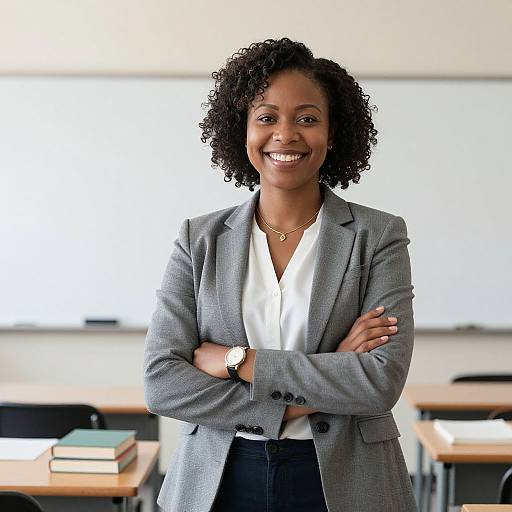 Photograph of a smiling Black woman with curly hair, wearing a gray blazer, white blouse, and gold necklace, standing in a bright classroom with