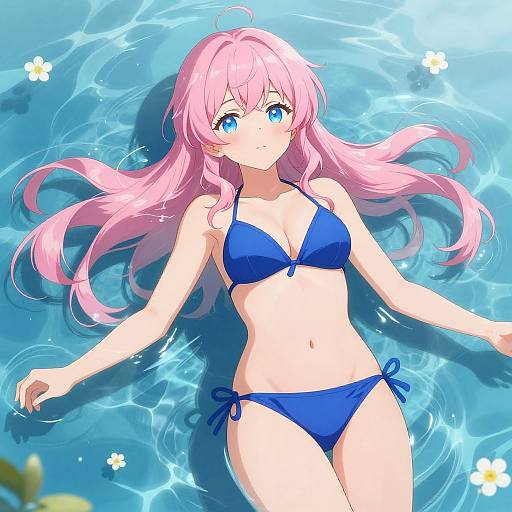 Anime-style digital illustration of a pink-haired girl with blue eyes, wearing a blue bikini, floating in clear blue water with sunlight reflections and white flowers.