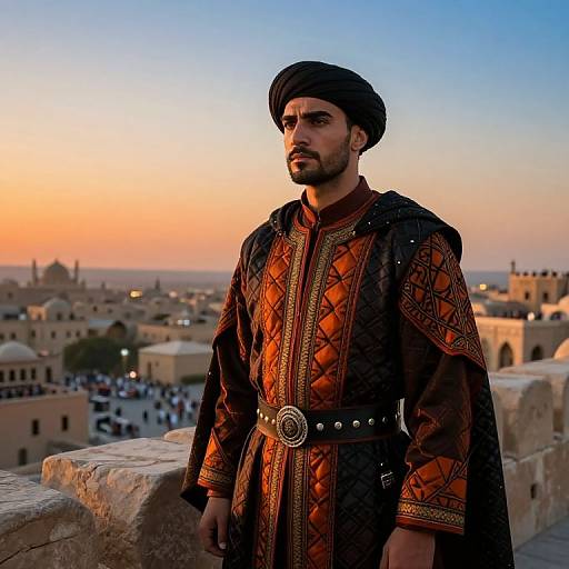 Photograph of a bearded man in traditional Middle Eastern attire with intricate patterns, black turban, and belt, standing on a rooftop at sunset,
