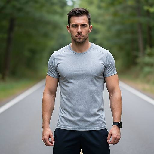 Photograph of a muscular, handsome man with short dark hair, wearing a tight gray t-shirt and black pants, standing on a deserted, tree-lined