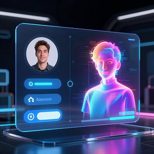 Digital CGI image: Neon-lit interface with a photo of a smiling man on the left, and a glowing, pixelated avatar on the right,