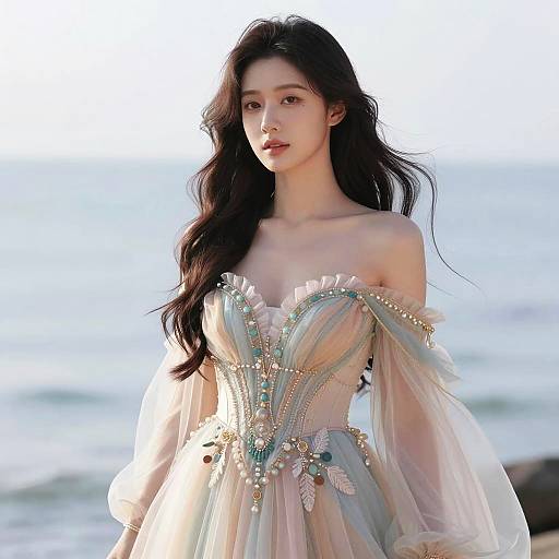 Woman in elegant pastel gown by the sea
