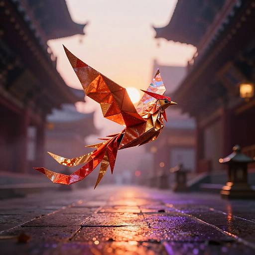 Vibrant Origami Phoenix at Dusk