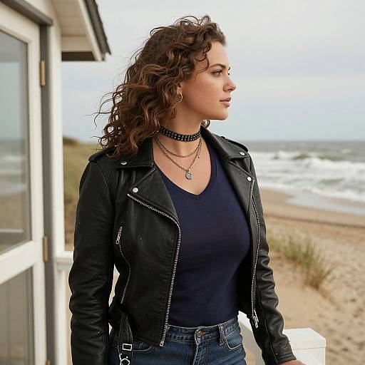 Photograph of a curly-haired woman with fair skin, wearing a black leather jacket, navy top, choker, and jeans, standing by a beach