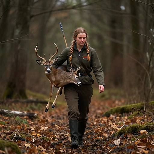 Female Hunter Carrying Deer in Forest