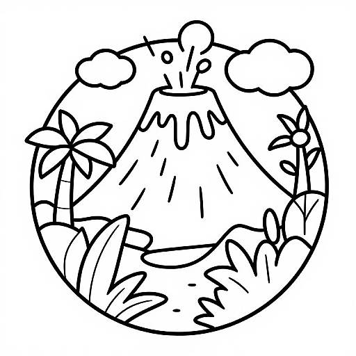 Black and white, abstract line drawing of a circular mountain landscape with clouds, leaves, and simplified shapes, creating a whimsical, sketch-like effect.