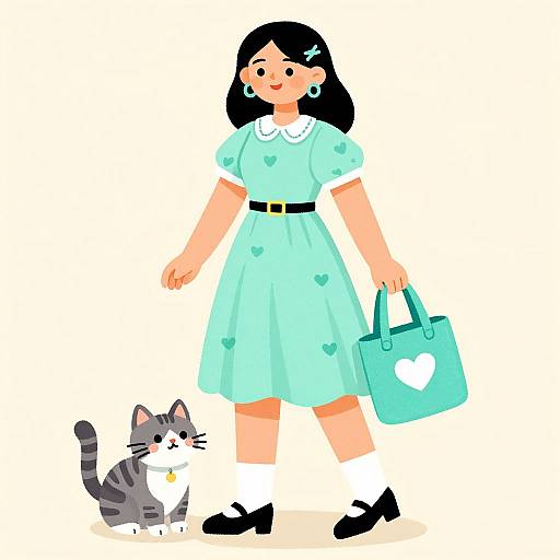 Cartoon-style illustration of a smiling girl with black hair in a light blue dress, white socks, black shoes, holding a teal bag with a heart