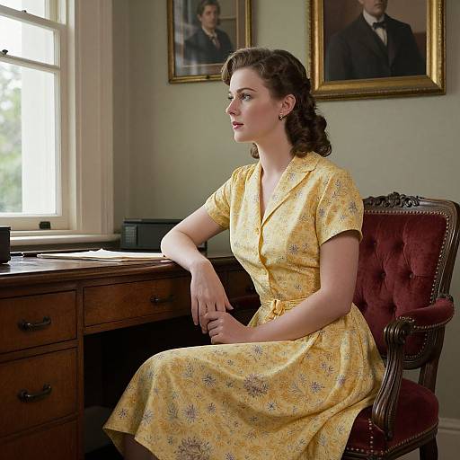 Photograph of a 1940s-style woman with curled brown hair, wearing a yellow floral dress, seated at a wooden desk, looking out a