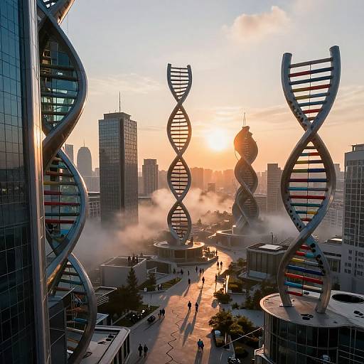 Photograph of a modern cityscape at sunset, featuring two large DNA double helix sculptures, mist, and tall skyscrapers with a glowing sun