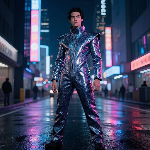 Photograph of a man with dark hair in a metallic, reflective, silver jumpsuit standing confidently on a neon-lit, wet city street at night