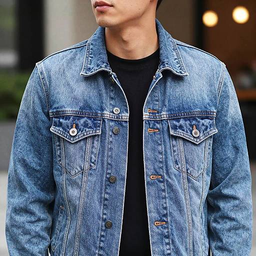 Photograph of an Asian man with short black hair, wearing a blue denim jacket over a black shirt, standing outdoors.