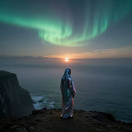 Photograph of a veiled figure standing on a cliff, gazing at a vibrant green aurora over a serene ocean at sunset.