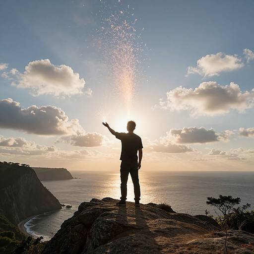 Silhouetted man standing on cliff, arm raised, sunlight behind, scattering sparks, ocean and coastline in background, cloudy sky, serene sunset.