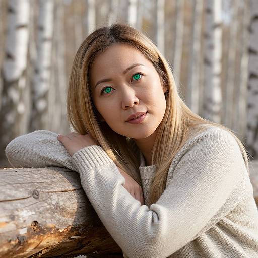 Photograph of a young woman with long blonde hair, green eyes, and light skin, leaning on a wooden log in a birch forest, wearing