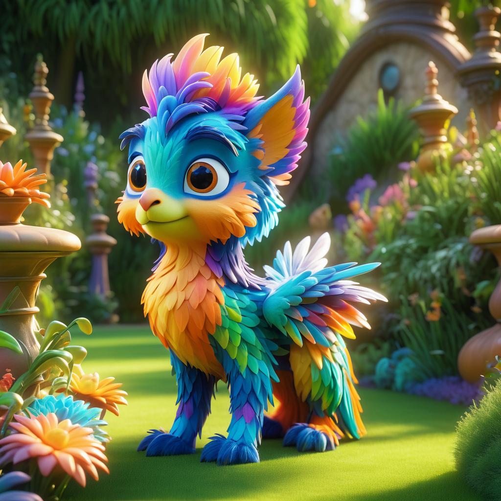 Whimsical Griffin in Vibrant Garden Scene