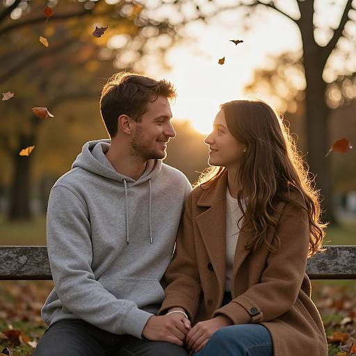Photograph of a smiling couple sitting on a park bench at sunset, with autumn leaves falling around them, both wearing casual fall clothing.
