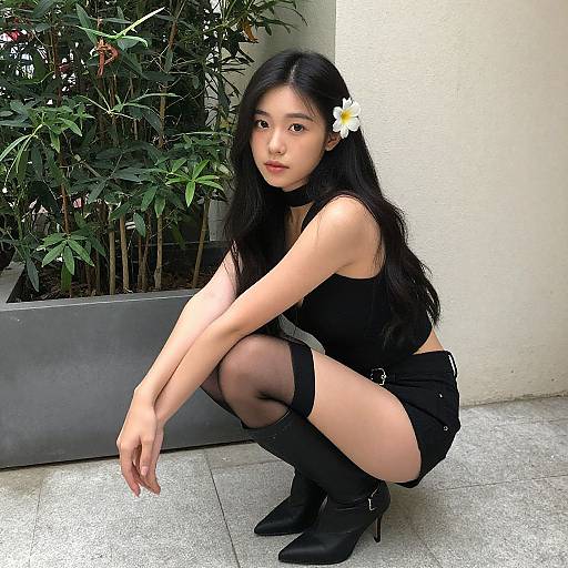 Photograph of an Asian woman with long black hair, wearing a black crop top, shorts, thigh-high stockings, and boots, squatting outdoors with