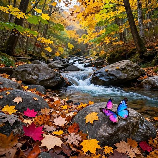 Photograph of a vibrant autumn forest with a flowing stream, colorful leaves, and a bright blue and pink butterfly on a rock.