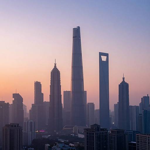 Photograph of a city skyline at sunset, featuring tall skyscrapers with distinct shapes, including a unique triangular tower, against a gradient sky of pink