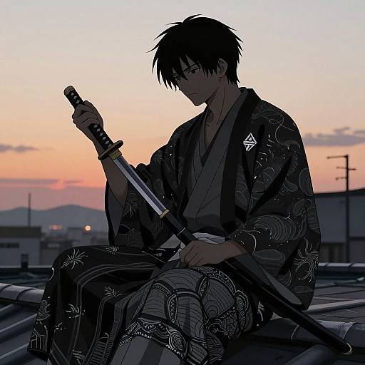 Silhouetted anime man in traditional black kimono with intricate patterns, holding a katana, sits on rooftop at sunset. Digital art.