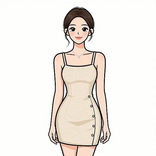 Digital anime-style drawing of a smiling woman with light skin, brown hair in a bun, wearing a cream, sleeveless, buttoned dress. White