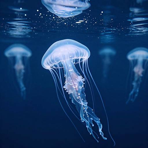 Photograph of glowing blue jellyfish with translucent bodies and flowing tentacles, floating in a dark, deep blue underwater environment.