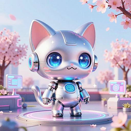 Chibi Robot Kitten in Futuristic Neon Garden