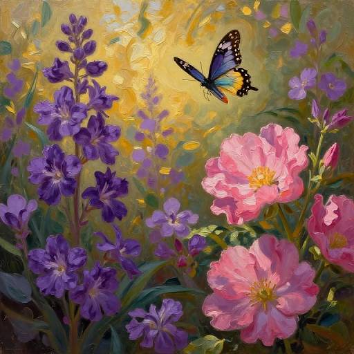 Vibrant oil painting of a blue butterfly with black and yellow spots, hovering above pink and purple flowers bathed in golden sunlight.