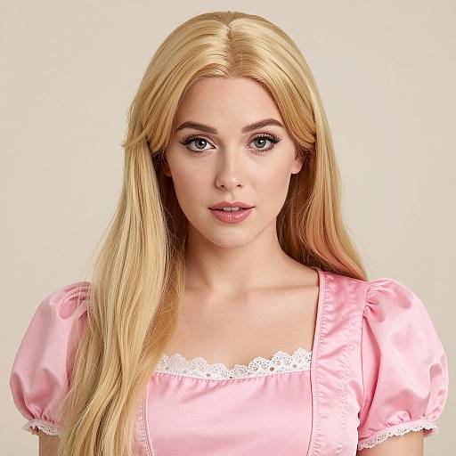 Photograph of a blonde woman with long hair, wearing a pink satin dress with white lace trim, against a plain white background.