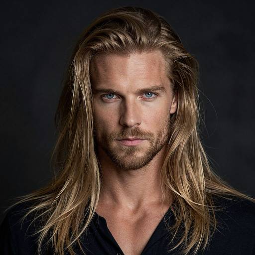 Photograph of a handsome, blue-eyed, bearded man with long, wavy blonde hair, wearing a black shirt, against a dark background.